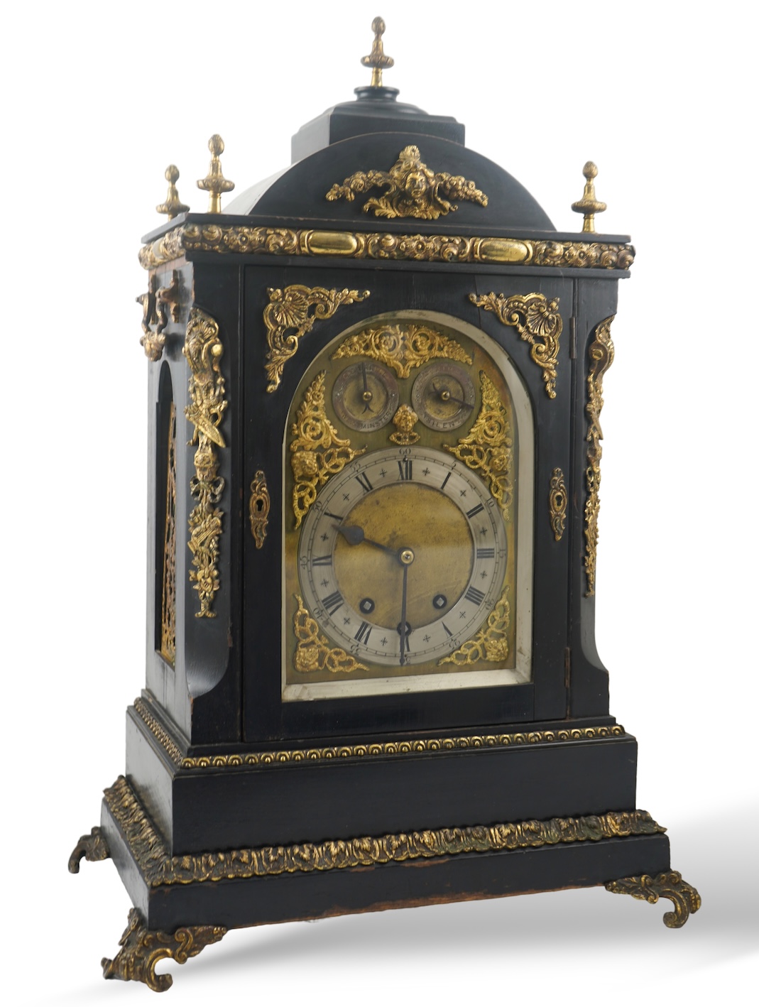 A late 19th century ebonised three train chiming bracket clock